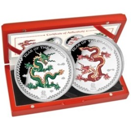 2 x 1 Oz Silber Drache 2012 coloriert